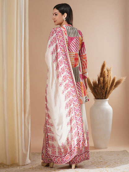 Abstract Geometric Printed & Hand Embroidered Kurta with Palazzo and Dupatta - Multi