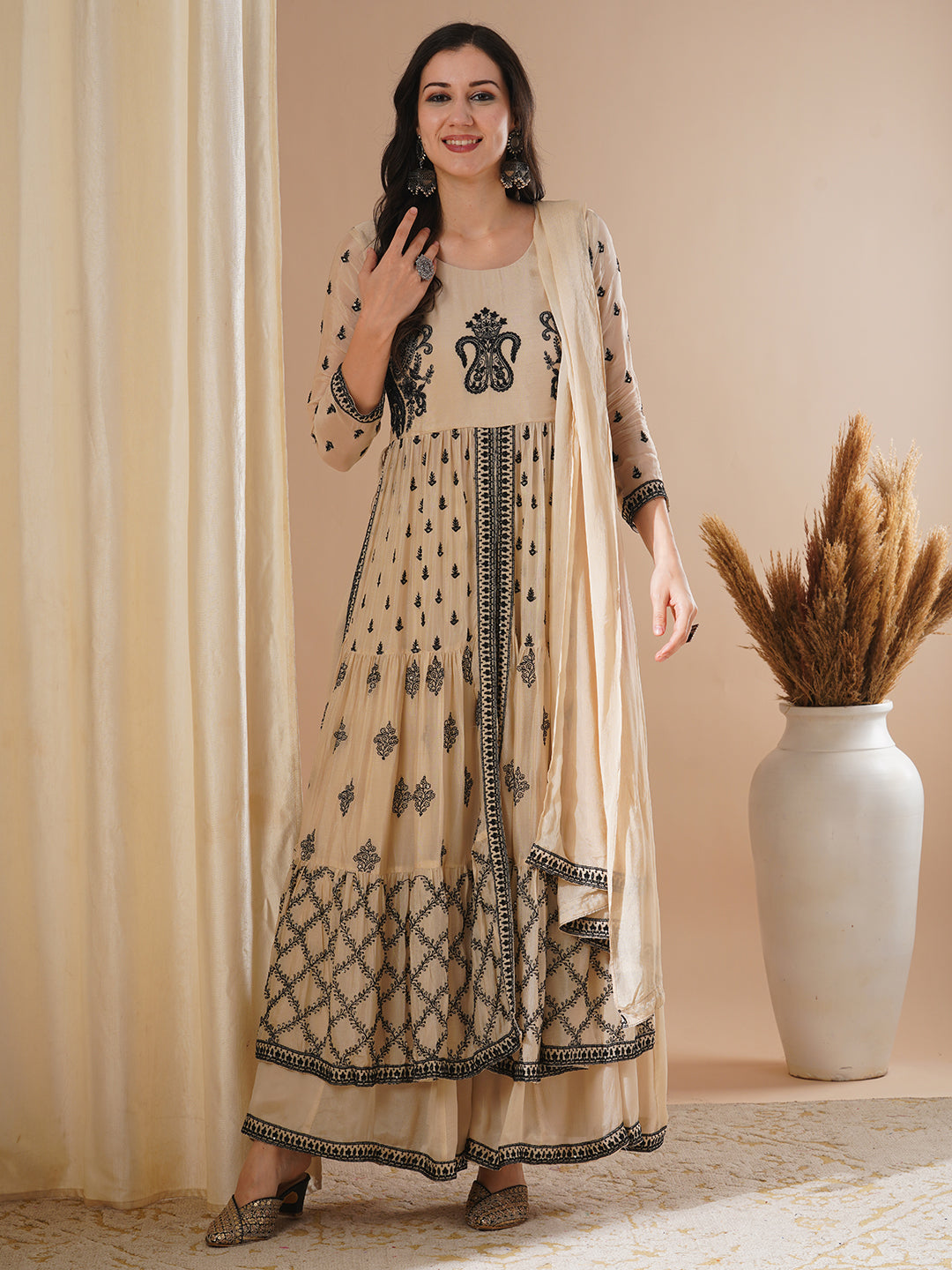 Solid Floral Embroidered A-Line Pleated Kurta with Palazzo & Dupatta - Beige