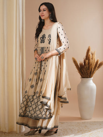 Solid Floral Embroidered A-Line Pleated Kurta with Palazzo & Dupatta - Beige