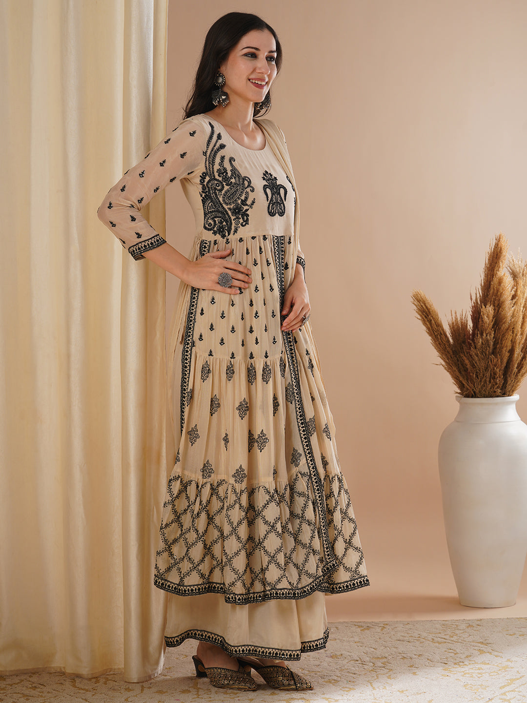 Solid Floral Embroidered A-Line Pleated Kurta with Palazzo & Dupatta - Beige