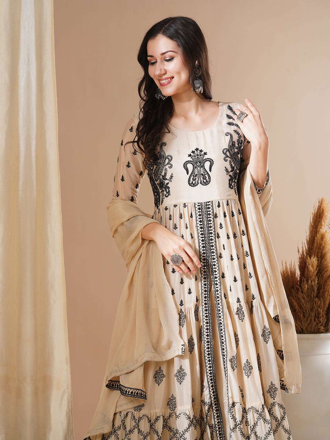 Solid Floral Embroidered A-Line Pleated Kurta with Palazzo & Dupatta - Beige