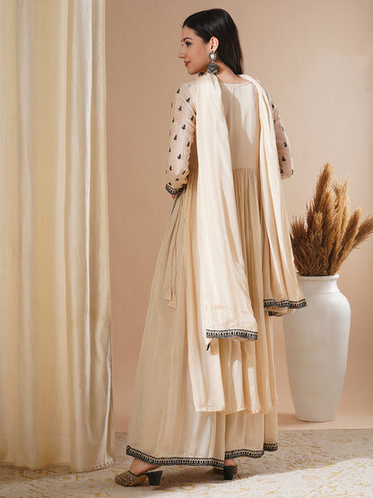 Solid Floral Embroidered A-Line Pleated Kurta with Palazzo & Dupatta - Beige