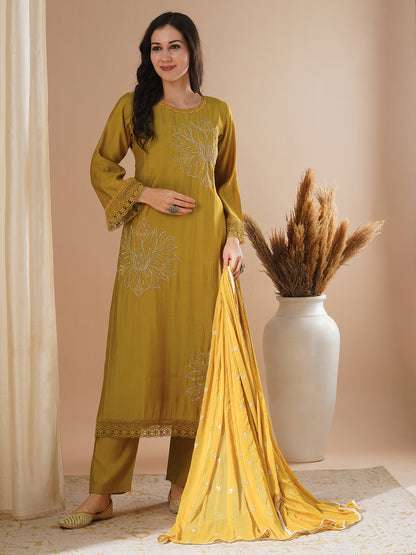 Floral Embroidered A-Line Kurta with Pant and Dupatta - Mustard