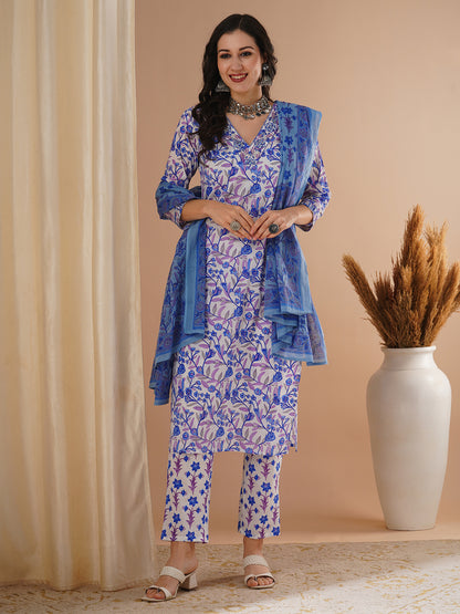 Ethnic Floral Foil Printed & Embroidered Straight Kurta with Pant & Dupatta - Blue