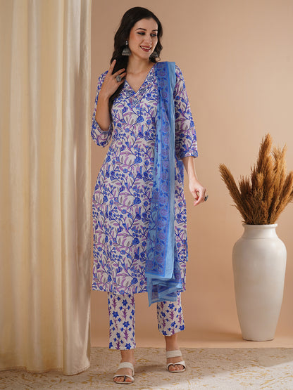 Ethnic Floral Foil Printed & Embroidered Straight Kurta with Pant & Dupatta - Blue