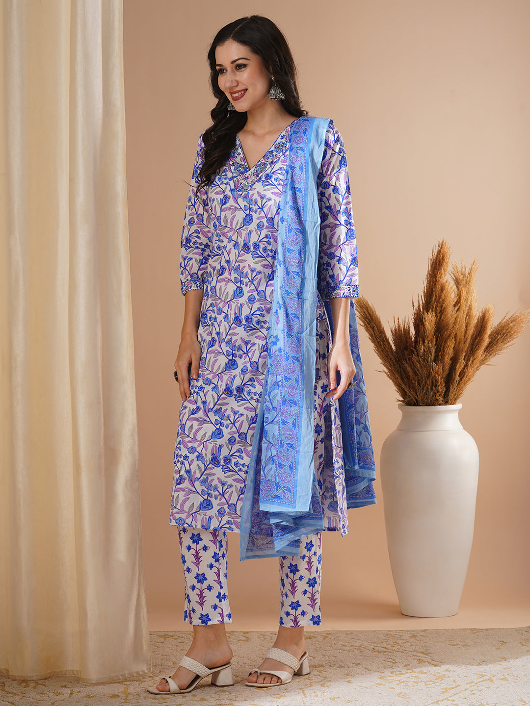 Ethnic Floral Foil Printed & Embroidered Straight Kurta with Pant & Dupatta - Blue