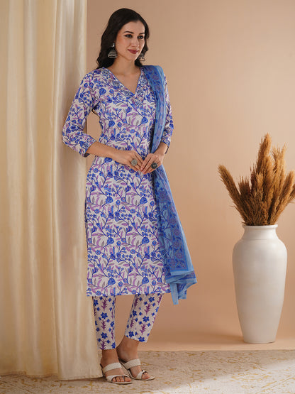 Ethnic Floral Foil Printed & Embroidered Straight Kurta with Pant & Dupatta - Blue