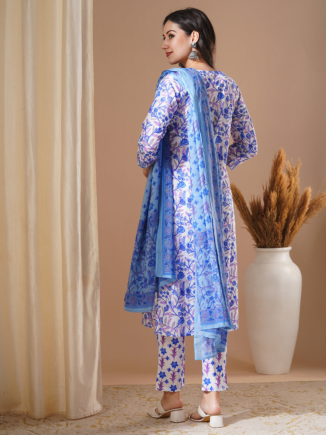 Ethnic Floral Foil Printed & Embroidered Straight Kurta with Pant & Dupatta - Blue