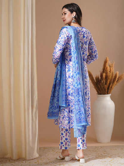 Ethnic Floral Foil Printed & Embroidered Straight Kurta with Pant & Dupatta - Blue