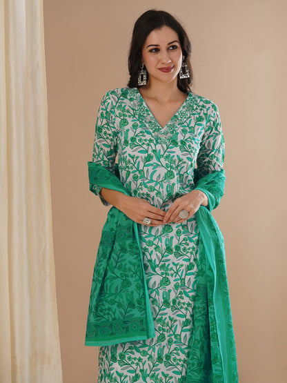 Ethnic Floral Foil Printed & Embroidered Straight Kurta with Pant & Dupatta - Green