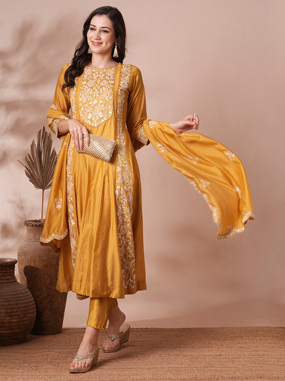 Solid Floral Embroidered A-Line Paneled Kurta with Pant & Dupatta - Mustard