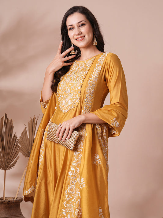 Solid Floral Embroidered A-Line Paneled Kurta with Pant & Dupatta - Mustard