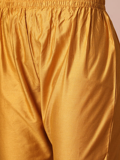 Solid Floral Embroidered A-Line Paneled Kurta with Pant & Dupatta - Mustard