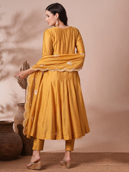 Solid Floral Embroidered A-Line Paneled Kurta with Pant & Dupatta - Mustard