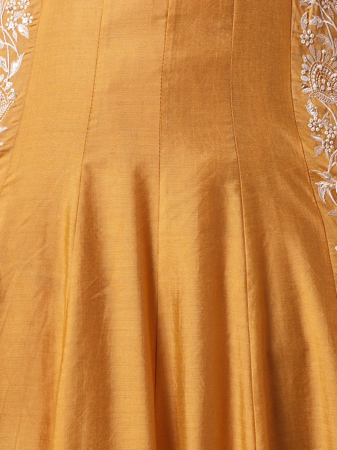 Solid Floral Embroidered A-Line Paneled Kurta with Pant & Dupatta - Mustard