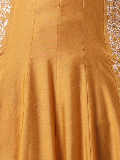 Solid Floral Embroidered A-Line Paneled Kurta with Pant & Dupatta - Mustard