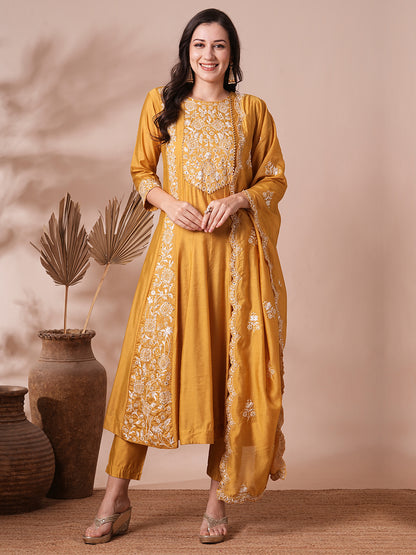 Solid Floral Embroidered A-Line Paneled Kurta with Pant & Dupatta - Mustard