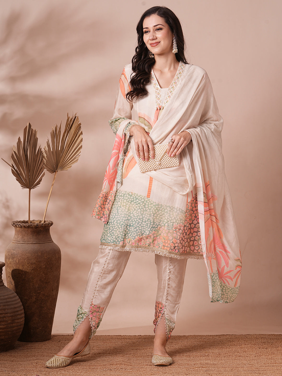 Abstract Floral Printed A-Line Paneled Kurta with Pant and Dupatta - Off White