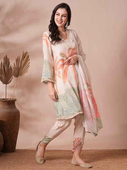 Abstract Floral Printed A-Line Paneled Kurta with Pant and Dupatta - Off White