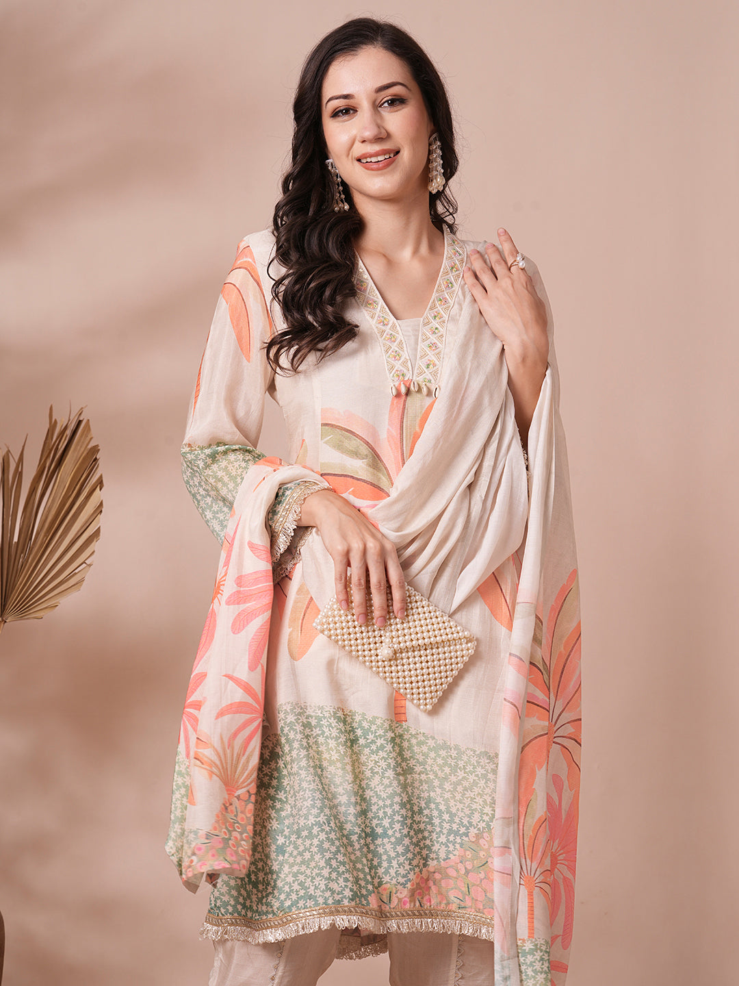 Abstract Floral Printed A-Line Paneled Kurta with Pant and Dupatta - Off White