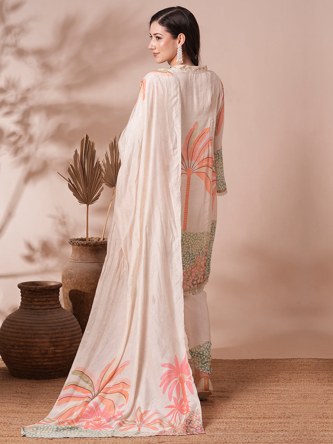 Abstract Floral Printed A-Line Paneled Kurta with Pant and Dupatta - Off White