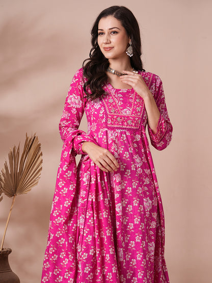 Ethnic Floral Printed Embroidered Anarkali Flared Kurta with Pant and Dupatta - Pink