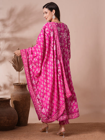 Ethnic Floral Printed Embroidered Anarkali Flared Kurta with Pant and Dupatta - Pink