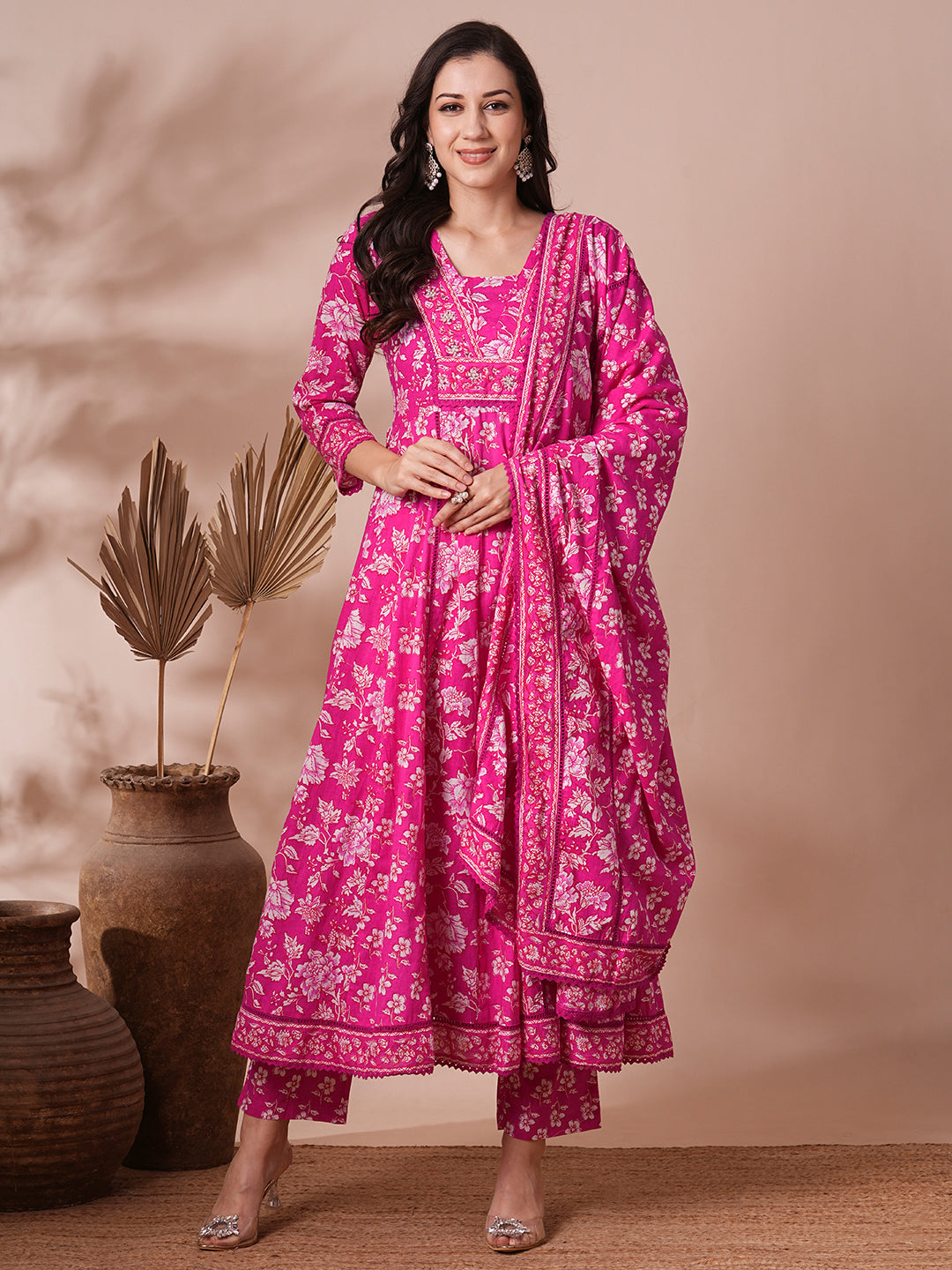 Ethnic Floral Printed Embroidered Anarkali Flared Kurta with Pant and Dupatta - Pink