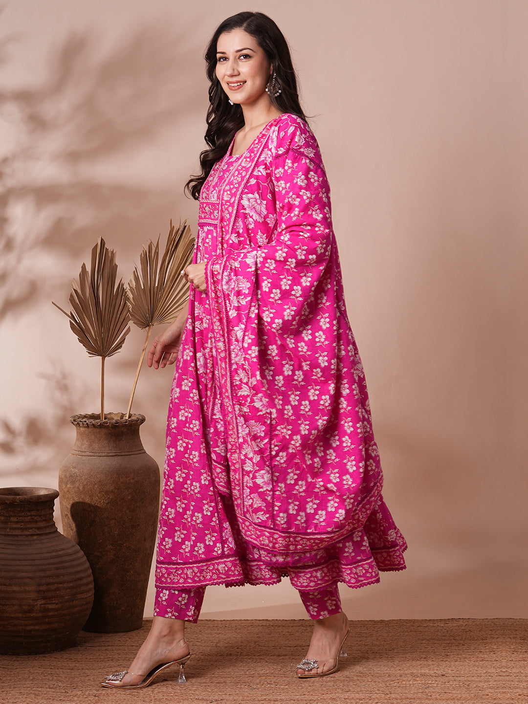 Ethnic Floral Printed Embroidered Anarkali Flared Kurta with Pant and Dupatta - Pink