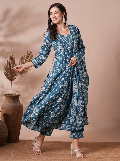 Ethnic Floral Printed Embroidered Anarkali Flared Kurta with Pant and Dupatta - Blue