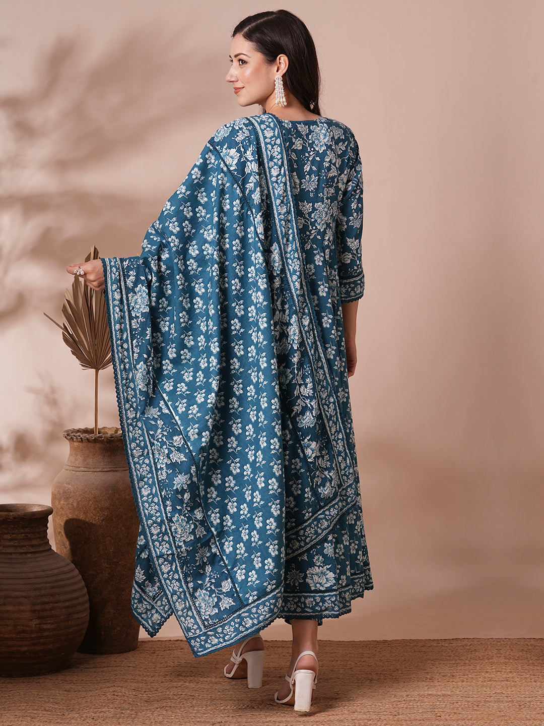 Ethnic Floral Printed Embroidered Anarkali Flared Kurta with Pant and Dupatta - Blue