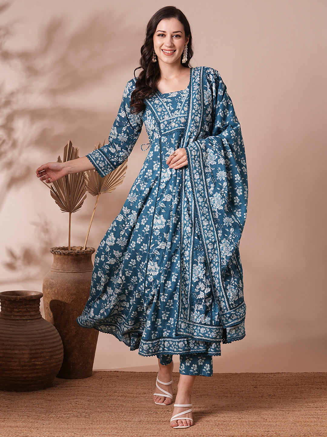 Ethnic Floral Printed Embroidered Anarkali Flared Kurta with Pant and Dupatta - Blue