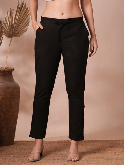 Solid Floral Embroidered Straight Fit Pant - Black