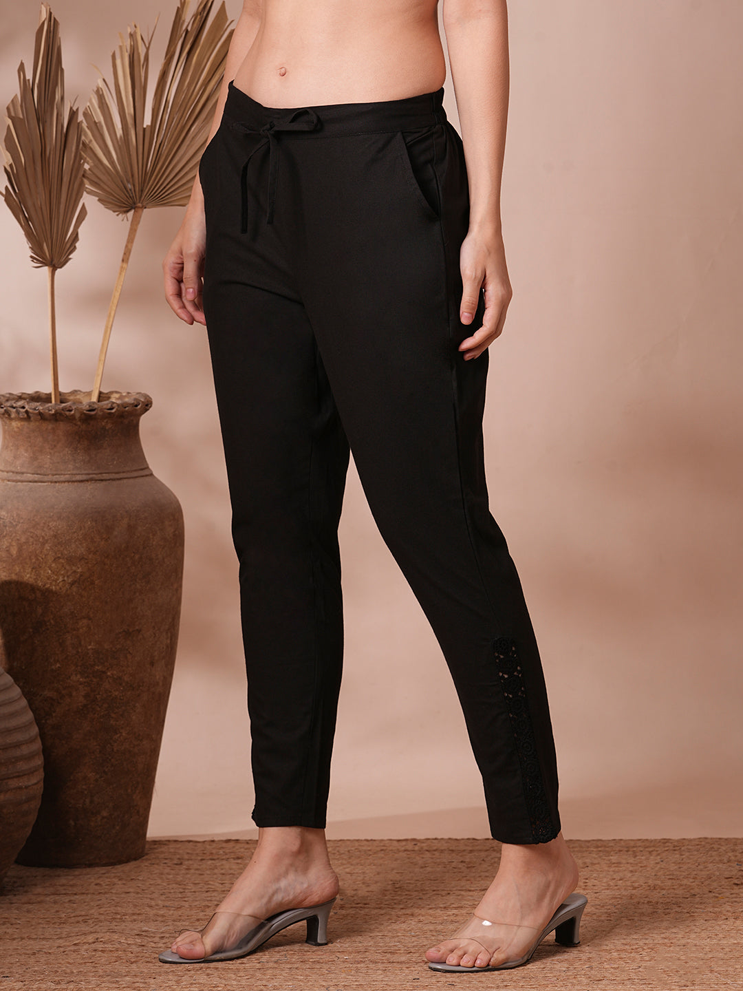 Solid Floral Embroidered Straight Fit Pant - Black