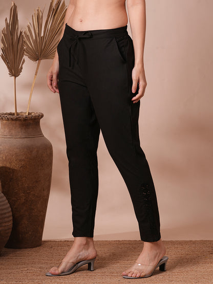 Solid Floral Embroidered Straight Fit Pant - Black