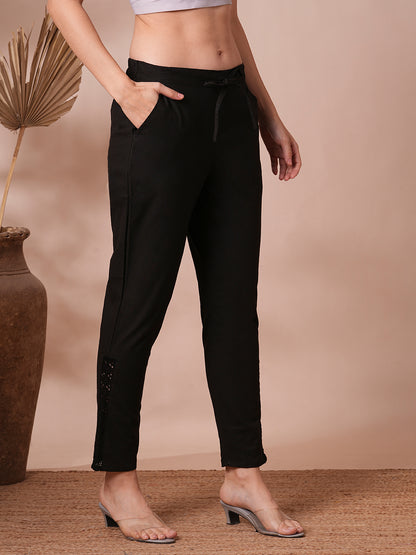 Solid Floral Embroidered Straight Fit Pant - Black