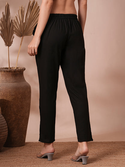 Solid Floral Embroidered Straight Fit Pant - Black