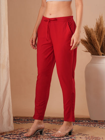 Solid Floral Embroidered Straight Fit Pant - Red