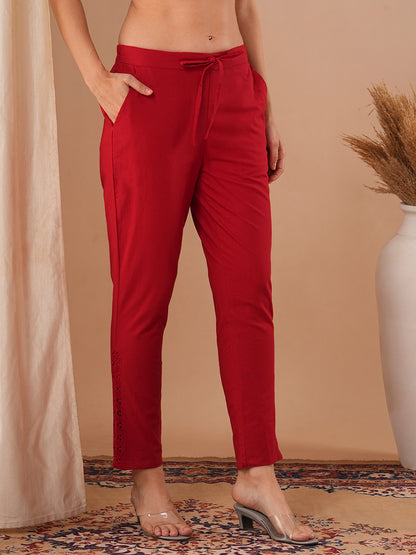 Solid Floral Embroidered Straight Fit Pant - Red