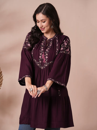 Solid A-Line Floral Embroidered Pleated Dress - Burgundy