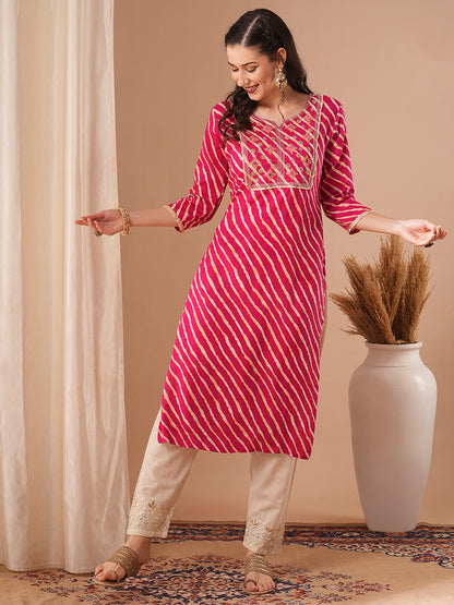 Leheriya Printed & Embroidered Straight Fit Kurta - Pink