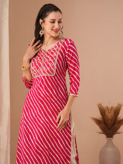 Leheriya Printed & Embroidered Straight Fit Kurta - Pink