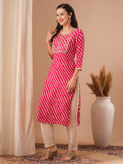 Leheriya Printed & Embroidered Straight Fit Kurta - Pink