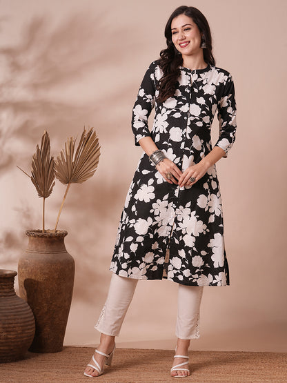 Abstract Floral Printed A-Line Cotton Flax Kurta - Black