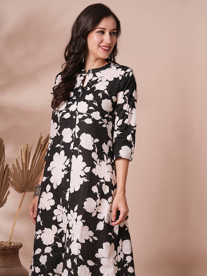 Abstract Floral Printed A-Line Cotton Flax Kurta - Black