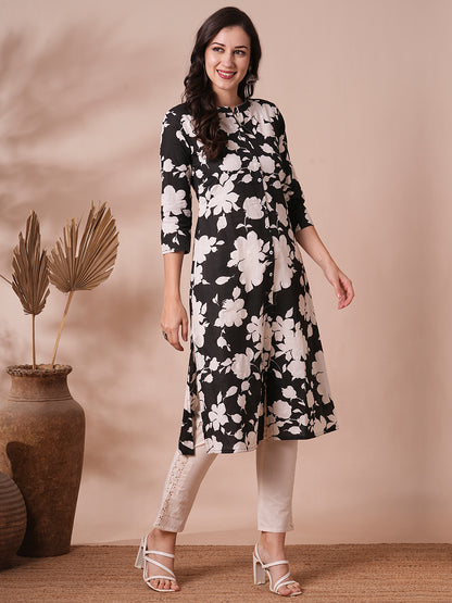 Abstract Floral Printed A-Line Cotton Flax Kurta - Black