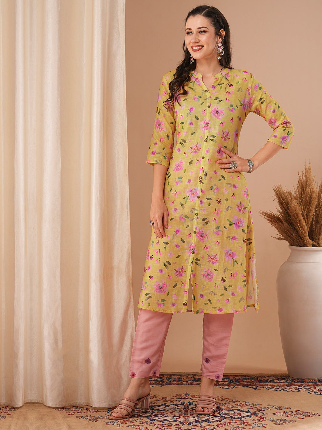 Floral Printed A-Line Kurta - Yellow