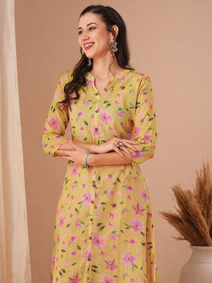 Floral Printed A-Line Kurta - Yellow