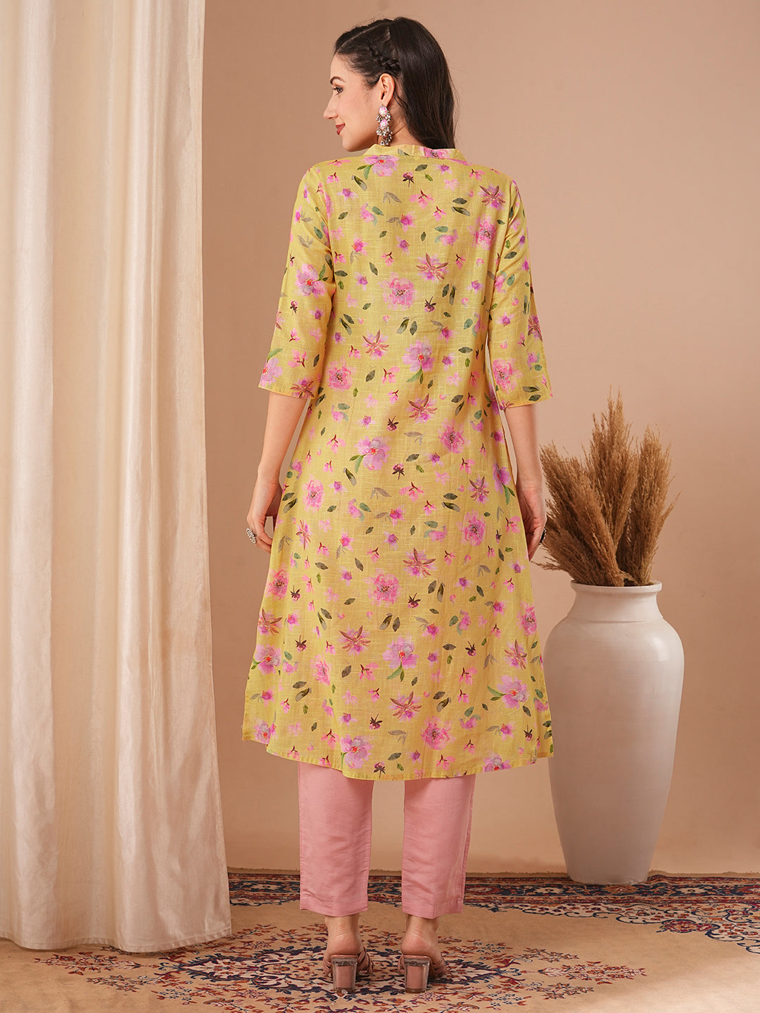 Floral Printed A-Line Kurta - Yellow