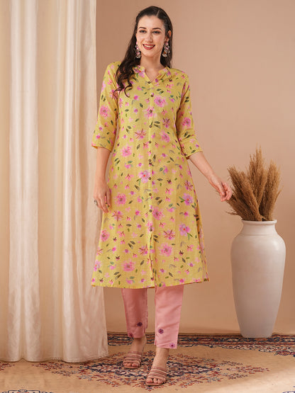 Floral Printed A-Line Kurta - Yellow